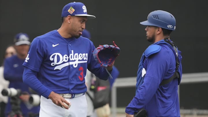 Feb 13, 2026; Glendale, AZ, USA; Los Angeles Dodgers pitcher Edwin Diaz (3) talks to his catcher during spring training camp. Mandatory Credit: Rick Scuteri-Imagn Images
