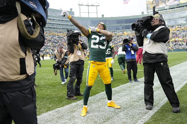 Green Bay Packers cornerback Jaire Alexander celebrates following the game against the Arizona Cardinals at Lambeau Field.