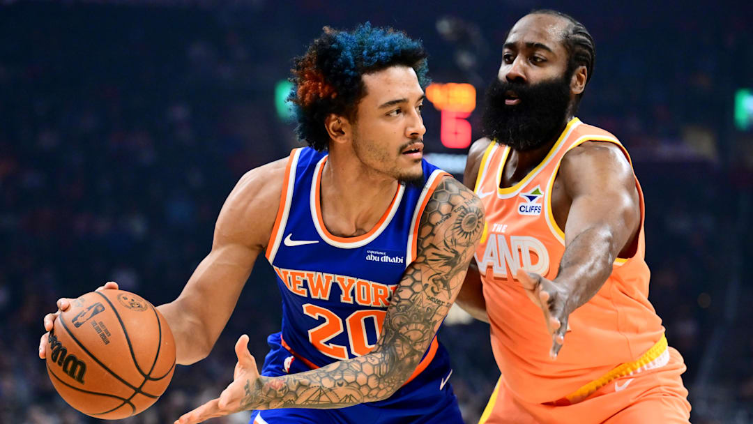 Feb 24, 2026; Cleveland, Ohio, USA; Cleveland Cavaliers guard James Harden (1) defends New York Knicks forward Jeremy Sochan (20) during the first half at Rocket Arena. Mandatory Credit: Ken Blaze-Imagn Images Feb 24, 2026; Cleveland, Ohio, USA; Cleveland Cavaliers guard James Harden (1) defends New York Knicks forward Jeremy Sochan (20) during the first half at Rocket Arena. Mandatory Credit: Ken Blaze-Imagn Images