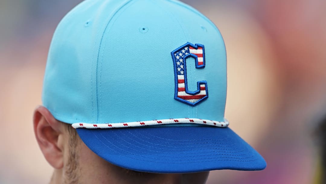 Jul 4, 2025; Cleveland, Ohio, USA; A detail of the Cleveland Guardians Fourth of July hat before the game between the Guardians and the Detroit Tigers at Progressive Field. Mandatory Credit: Ken Blaze-Imagn Images