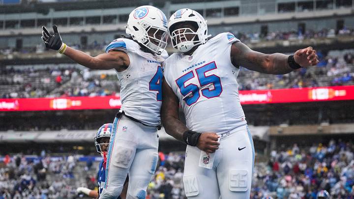 Tennessee Titans wide receiver Wan'Dale Robinson (4) celebrates with Tennessee Titans tackle JC Latham (55) after scoring a touchdown during a game against there New York Giants at MetLife Stadium, Sep 27, 2026, East Rutherford, NJ, USA.