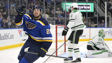 Oct 18, 2025; St. Louis, Missouri, USA; St. Louis Blues right wing Jordan Kyrou (25) reacts after scoring against the Dallas Stars during the second period at Enterprise Center. Mandatory Credit: Jeff Le-Imagn Images