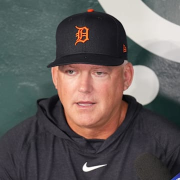Jul 19, 2025; Arlington, Texas, USA; Detroit Tigers manager A.J. Hinch speaks to members of the media before the game against the Texas Rangers at Globe Life Field. 