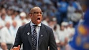 Nov 7, 2025; Chapel Hill, North Carolina, USA;  North Carolina Tar Heels head coach Hubert Davis reacts in the second half at Dean E. Smith Center. 