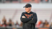 Aug 30, 2025; Corvallis, Oregon, USA; Oregon State Beavers head coach Trent Bray watches warmups before the game against the California Golden Bears at Reser Stadium. Mandatory Credit: Craig Strobeck-Imagn Images