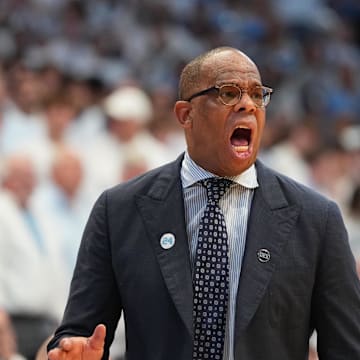 Nov 7, 2025; Chapel Hill, North Carolina, USA;  North Carolina Tar Heels head coach Hubert Davis reacts in the second half at Dean E. Smith Center. 