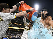 Fernando Tatis Jr. gets doused with a Gatorade cooler after delivering a walk-off hit for the San Diego Padres in the club's 6-5 win over the Detroit Tigers on Wednesday night at Petco Park. 