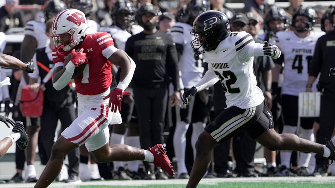 Wisconsin running back Dilin Jones (7) runs for 47 yards during the fourth quarter of their game Saturday, October 5, 2024 at Camp Randall Stadium in Madison, Wisconsin.