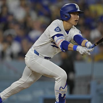 Hyeseong Kim singles against the Padres on June 19.