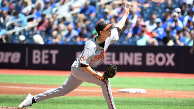Baltimore Orioles starting pitcher Cade Povich delivers a pitch against the Toronto Blue Jays at Rogers Centre.