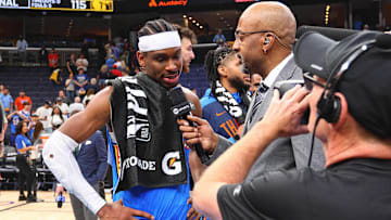 Apr 26, 2025; Memphis, Tennessee, USA; Oklahoma City Thunder guard Shai Gilgeous-Alexander (2) is interviewed after defeating the Memphis Grizzlies in game four for the first round of the 2024 NBA Playoffs at FedExForum. Mandatory Credit: Petre Thomas-Imagn Images