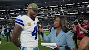 Dallas Cowboys quarterback Dak Prescott is interviewed by ESPN’s Lisa Salters following a game against the Las Vegas Raiders 
