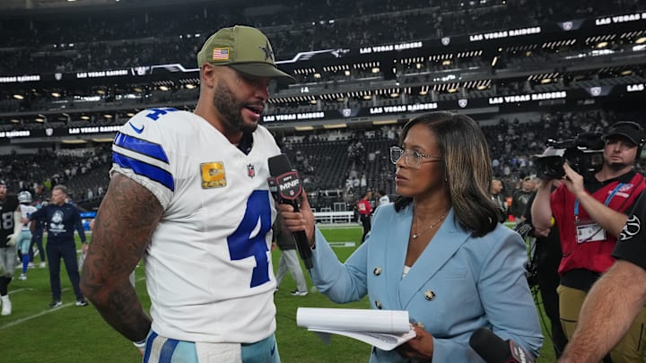 Dallas Cowboys quarterback Dak Prescott is interviewed by ESPN’s Lisa Salters following a game against the Las Vegas Raiders Dallas Cowboys quarterback Dak Prescott is interviewed by ESPN’s Lisa Salters following a game against the Las Vegas Raiders