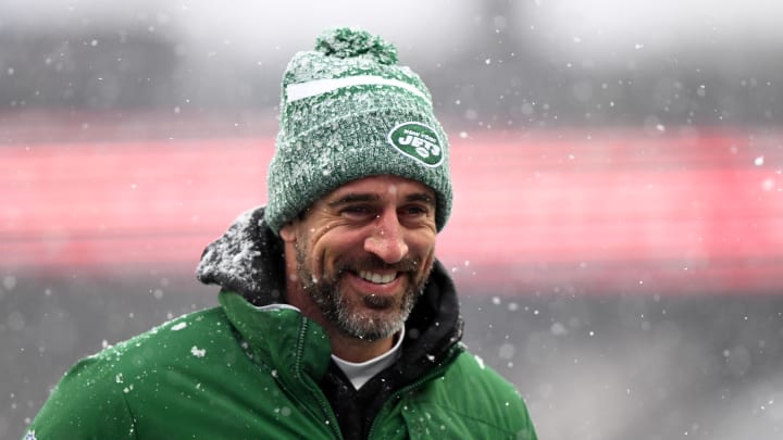 Jan 7, 2024; Foxborough, Massachusetts, USA; New York Jets quarterback Aaron Rodgers (8)  walks off of the field before a game against the New England Patriots at Gillette Stadium. 