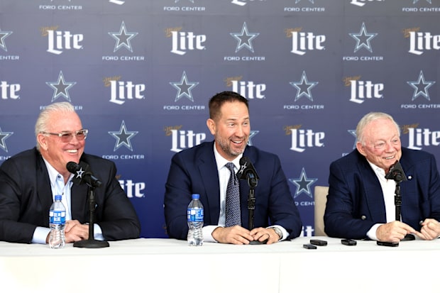 Dallas Cowboys CEO Stephen Jones, head coach Brian Schottenheimer and owner Jerry Jones speak to the media.