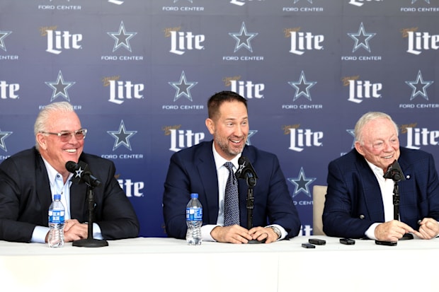 Dallas Cowboys CEO Stephen Jones, head coach Brian Schottenheimer, and owner Jerry Jones speak to the media