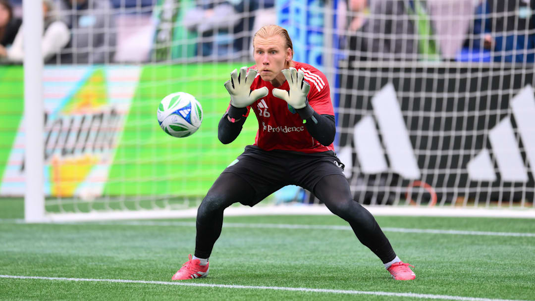 Mar 8, 2025; Seattle, Washington, USA; Seattle Sounders FC goalkeeper Andrew Thomas (26) during warmups before the game against the Los Angeles FC at Lumen Field. Mandatory Credit: Steven Bisig-Imagn Images