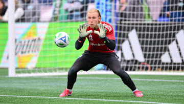 Mar 8, 2025; Seattle, Washington, USA; Seattle Sounders FC goalkeeper Andrew Thomas (26) during warmups before the game against the Los Angeles FC at Lumen Field. Mandatory Credit: Steven Bisig-Imagn Images