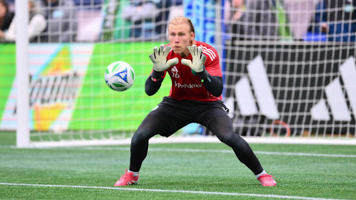 Mar 8, 2025; Seattle, Washington, USA; Seattle Sounders FC goalkeeper Andrew Thomas (26) during warmups before the game against the Los Angeles FC at Lumen Field. Mandatory Credit: Steven Bisig-Imagn Images