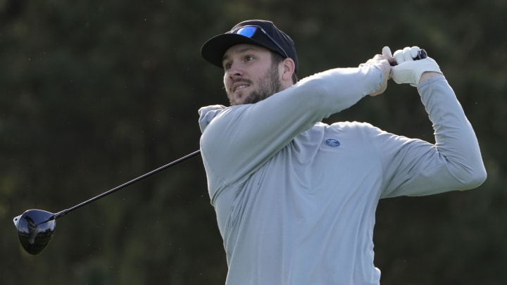 Feb 1, 2024; Pebble Beach, California, USA; Buffalo Bills quarterback Josh Allen hits his tee shot on the 11th hole during the first round of the AT&T Pebble Beach Pro-Am golf tournament at Spyglass Hill Golf Course. Mandatory Credit: Michael Madrid-USA TODAY Sports