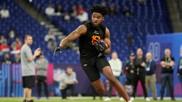 Oregon wideout Traeshon Holden during the 2025 NFL Combine. Oregon wideout Traeshon Holden during the 2025 NFL Combine.