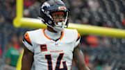 Nov 2, 2025; Houston, Texas, USA; Denver Broncos wide receiver Courtland Sutton (14) warms up before a game against the Houston Texans at NRG Stadium. Mandatory Credit: Sean Thomas-Imagn Images
