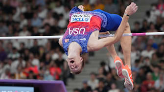 Tyus Wilson competes in the men’s high jump final during the World Athletics Championships at National Stadium.