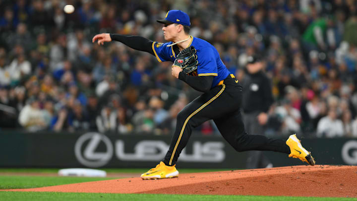 Seattle Mariners starting pitcher Bryan Woo throws during a game against the Oakland Athletics on Sept. 27 at T-Mobile Park. Seattle Mariners starting pitcher Bryan Woo throws during a game against the Oakland Athletics on Sept. 27 at T-Mobile Park.