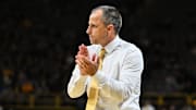 Nov 4, 2025; Iowa City, Iowa, USA; Iowa Hawkeyes head coach Ben McCollum reacts during the second half against the Robert Morris Colonials at Carver-Hawkeye Arena. Mandatory Credit: Jeffrey Becker-Imagn Images