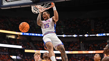 Mar 16, 2025; Nashville, TN, USA; Florida Gators guard Alijah Martin (15) reacts after a dunk against the Tennessee Volunteers in the second half during the 2025 SEC Championship Game at Bridgestone Arena. Mandatory Credit: Steve Roberts-Imagn Images
