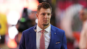 Feb 12, 2023; Glendale, Arizona, US; Former NFL player Rob Gronkowski looks on before Super Bowl LVII between the Kansas City Chiefs and the Philadelphia Eagles at State Farm Stadium.