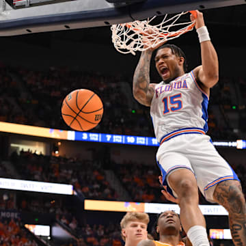 Mar 16, 2025; Nashville, TN, USA; Florida Gators guard Alijah Martin (15) reacts after a dunk against the Tennessee Volunteers in the second half during the 2025 SEC Championship Game at Bridgestone Arena. Mandatory Credit: Steve Roberts-Imagn Images