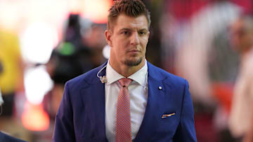  Former New England Patriots TE Rob Gronkowski looks on before Super Bowl LVII between the Kansas City Chiefs and the Philadelphia Eagles at State Farm Stadium. 