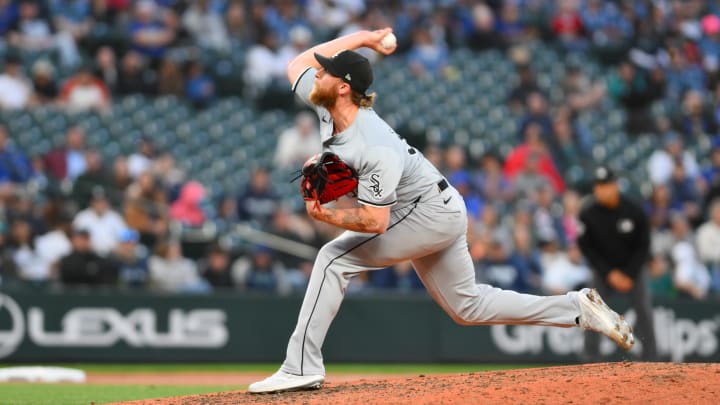 Jun 12, 2024; Seattle, Washington, USA; Chicago White Sox relief pitcher Michael Kopech (34) pitches to the Seattle Mariners during the ninth inning at T-Mobile Park. Mandatory Credit: Steven Bisig-USA TODAY Sports