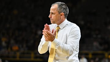 Nov 4, 2025; Iowa City, Iowa, USA; Iowa Hawkeyes head coach Ben McCollum reacts during the second half against the Robert Morris Colonials at Carver-Hawkeye Arena. Mandatory Credit: Jeffrey Becker-Imagn Images