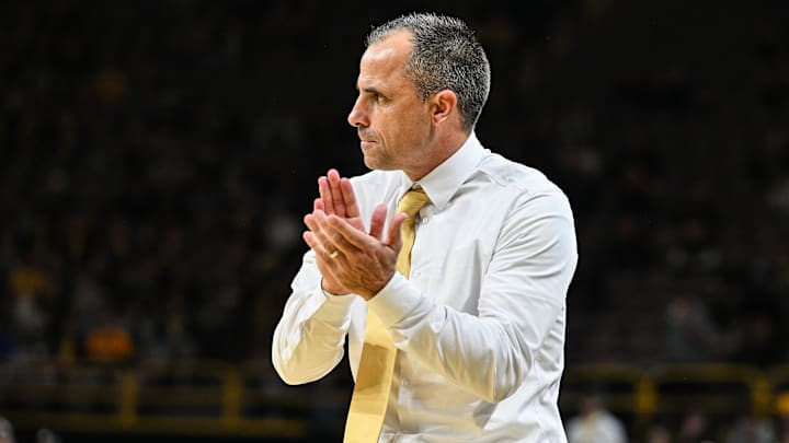 Nov 4, 2025; Iowa City, Iowa, USA; Iowa Hawkeyes head coach Ben McCollum reacts during the second half against the Robert Morris Colonials at Carver-Hawkeye Arena. Mandatory Credit: Jeffrey Becker-Imagn Images