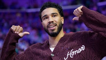 Oct 27, 2025; New Orleans, Louisiana, USA; Boston Celtics forward Jayson Tatum reacts during introductions during a game against the New Orleans Pelicans at Smoothie King Center. Mandatory Credit: Matthew Hinton-Imagn Images