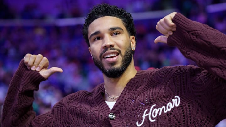 Oct 27, 2025; New Orleans, Louisiana, USA; Boston Celtics forward Jayson Tatum reacts during introductions during a game against the New Orleans Pelicans at Smoothie King Center. Mandatory Credit: Matthew Hinton-Imagn Images