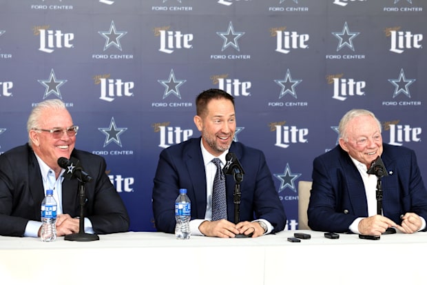 Dallas Cowboys CEO Stephen Jones, head coach Brian Schottenheimer and owner Jerry Jones speak to the media 
