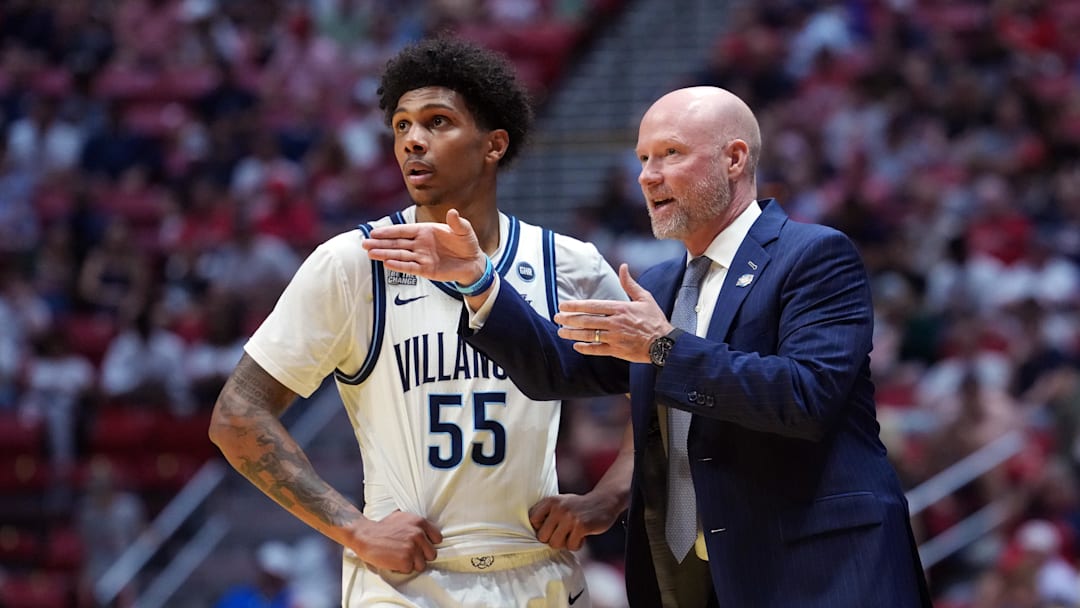Villanova Wildcats guard Acaden Lewis (55) talks with head coach Kevin Willard 