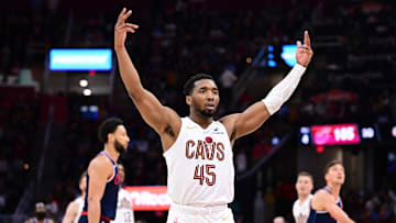 Mar 30, 2025; Cleveland, Ohio, USA; Cleveland Cavaliers guard Donovan Mitchell (45) celebrates during the second half against the Los Angeles Clippers at Rocket Arena. Mandatory Credit: Ken Blaze-Imagn Images
