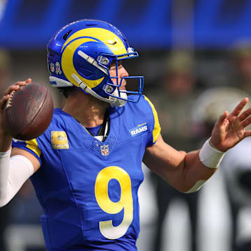 Nov 2, 2025; Inglewood, California, USA; Los Angeles Rams quarterback Matthew Stafford (9) stands in the pocket against the New Orleans Saints during the first half at SoFi Stadium. Mandatory Credit: Kiyoshi Mio-Imagn Images