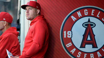 Jun 19, 2024; Anaheim, California, USA;  Los Angeles Angels center fielder Mike Trout (27) looks on from the dugout against the Milwaukee Brewers at Angel Stadium. Mandatory Credit: Jayne Kamin-Oncea-USA TODAY Sports