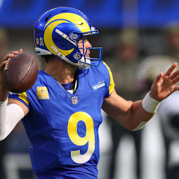 Nov 2, 2025; Inglewood, California, USA; Los Angeles Rams quarterback Matthew Stafford (9) stands in the pocket against the New Orleans Saints during the first half at SoFi Stadium. Mandatory Credit: Kiyoshi Mio-Imagn Images