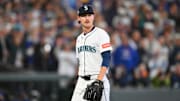 Oct 17, 2025; Seattle, Washington, USA; Seattle Mariners pitcher Bryce Miller (50) reacts after the first inning against the Toronto Blue Jays during game five of the ALCS round for the 2025 MLB playoffs at T-Mobile Park. Mandatory Credit: Steven Bisig-Imagn Images