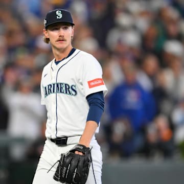 Oct 17, 2025; Seattle, Washington, USA; Seattle Mariners pitcher Bryce Miller (50) reacts after the first inning against the Toronto Blue Jays during game five of the ALCS round for the 2025 MLB playoffs at T-Mobile Park. Mandatory Credit: Steven Bisig-Imagn Images