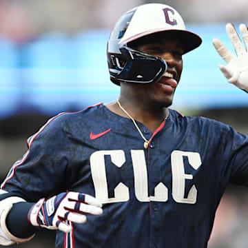 Aug 3, 2024; Cleveland, Ohio, USA; Cleveland Guardians center fielder Angel Martinez (1) rounds the bases after hitting a home run during the third inning against the Baltimore Orioles at Progressive Field. Mandatory Credit: Ken Blaze-Imagn Images