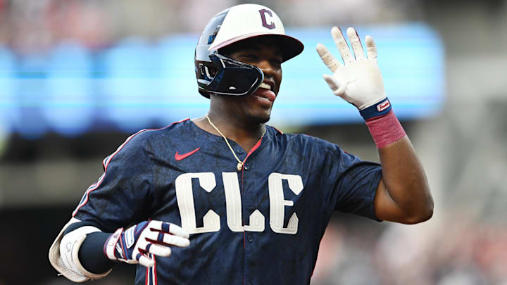 Aug 3, 2024; Cleveland, Ohio, USA; Cleveland Guardians center fielder Angel Martinez (1) rounds the bases after hitting a home run during the third inning against the Baltimore Orioles at Progressive Field. Mandatory Credit: Ken Blaze-Imagn Images