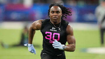 Feb 28, 2025; Indianapolis, IN, USA;  Western Kentucky defensive back Upton Stout (DB30) participates in drills during the 2025 NFL Combine at Lucas Oil Stadium. Mandatory Credit: Kirby Lee-Imagn Images
