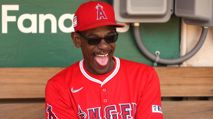 Jul 21, 2024; Oakland, California, USA; Los Angeles Angels manager Ron Washington (37) laughs in the dugout before the game against the Oakland Athletics at Oakland-Alameda County Coliseum. Mandatory Credit: Darren Yamashita-USA TODAY Sports